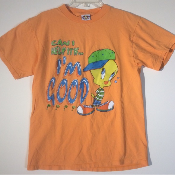 Tweety Bird Can I Help it if I'm Good Vintage 1996 Looney Tunes Orang Tee Shirt - Picture 1 of 8